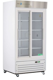 Standard Chromatography Refrigerator 33 Cu. Ft. Double Slide Glass Door with microprocessor temperature controller, audible and visual high/low temp alarms, remote alarm contacts, one duplex outlet, one 2" access port and casters. Requires two (2) outlets. Warranty: 1/5; One year parts and labor warranty, plus an additional four year compressor parts warranty.